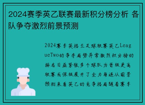 2024赛季英乙联赛最新积分榜分析 各队争夺激烈前景预测